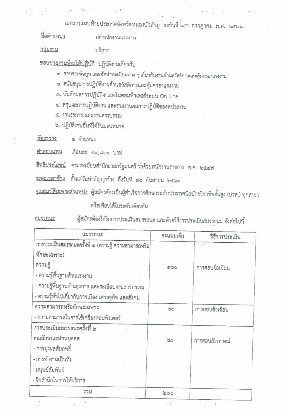 ประชาสัมพันธ์เผยแพร่การรับสมัครบุคคลเพื่อเลือกสรรเป็นพนักงานราชการทั่วไป ตำแหน่งเจ้าหนักงานแรงงาน (สังกัดสำนักงานสวัสดิการและคุ้มครองแรงงานจังหวัดหนองบัวลำภู)..คลิก