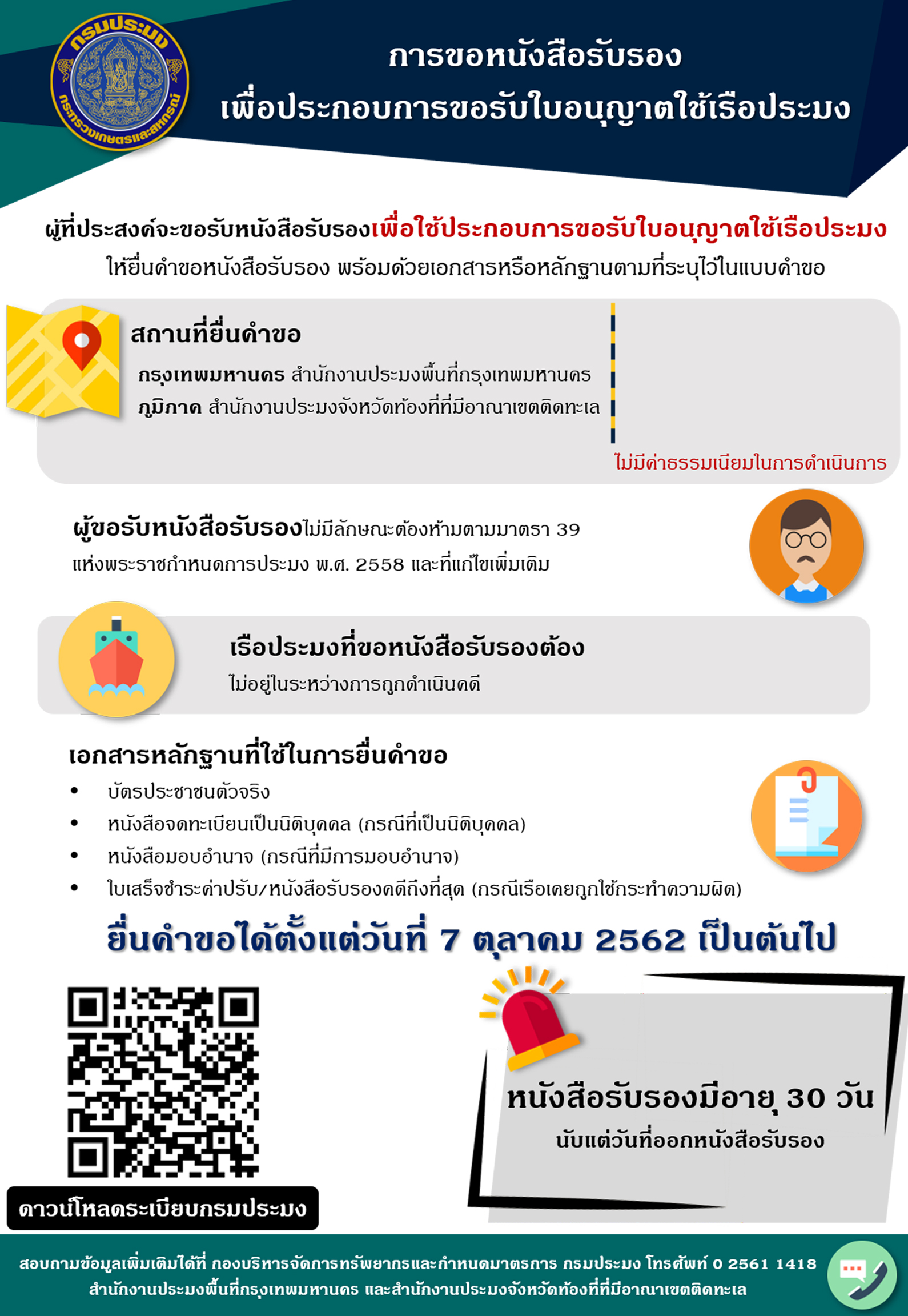 หลักเกณฑ์ วิธีการ เงื่อนไขการยื่นขอรับใบอนุญาตใช้เรือประมง ลงวันที่ 20 กันยายน 2562..คลิก