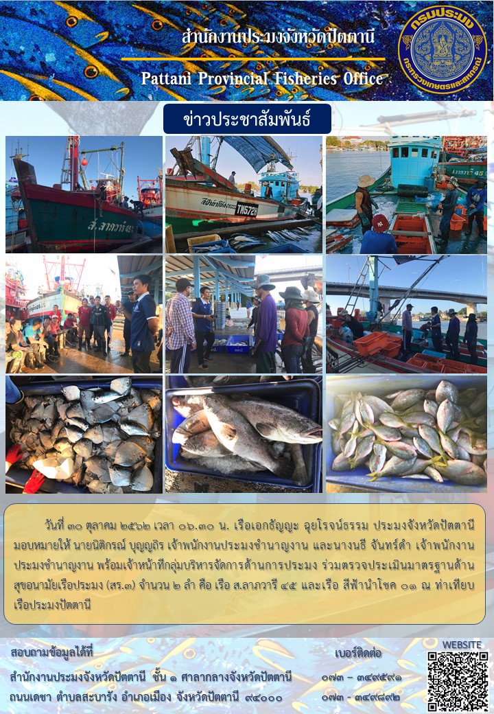 สำนักงานประมงจังหวัดปัตตานีร่วมตรวจประเมินมาตรฐานด้านสุขอนามัยเรือประมง (สร.3)..คลิก