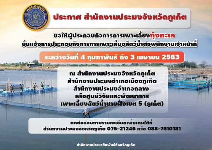 ขอให้ผู้ประกอบกิจการการเพาะเลี้ยงกุ้งทะเล ยื่นแจ้งการประกอบกิจการการเพาะเลี้ยงสัตว์น้ำควบคุม..คลิก