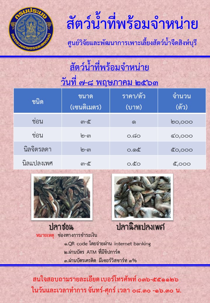 สัตว์น้ำที่มีจำหน่าย ในวันที่ 7-8 พฤษภาคม 2563..คลิก