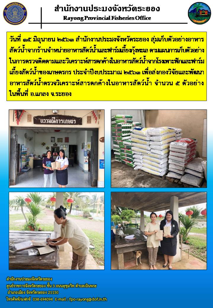 สำนักงานประมงจังหวัดระยอง สุ่มเก็บตัวอย่างอาหารสัตว์น้ำจากร้านจำหน่ายอาหารสัตว์น้ำและฟาร์มเลี้ยงกุ้งทะเล เพื่อวิเคราะห์สารตกค้างในอาหารสัตว์น้ำ