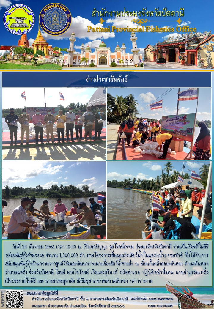 ปล่อยพันธุ์กุ้งก้ามกราม จำนวน 1,000,000 ตัว ตามโครงการเพิ่มผลผลิตสัตว์น้ำในแหล่งน้ำธรรมชาติ..คลิก