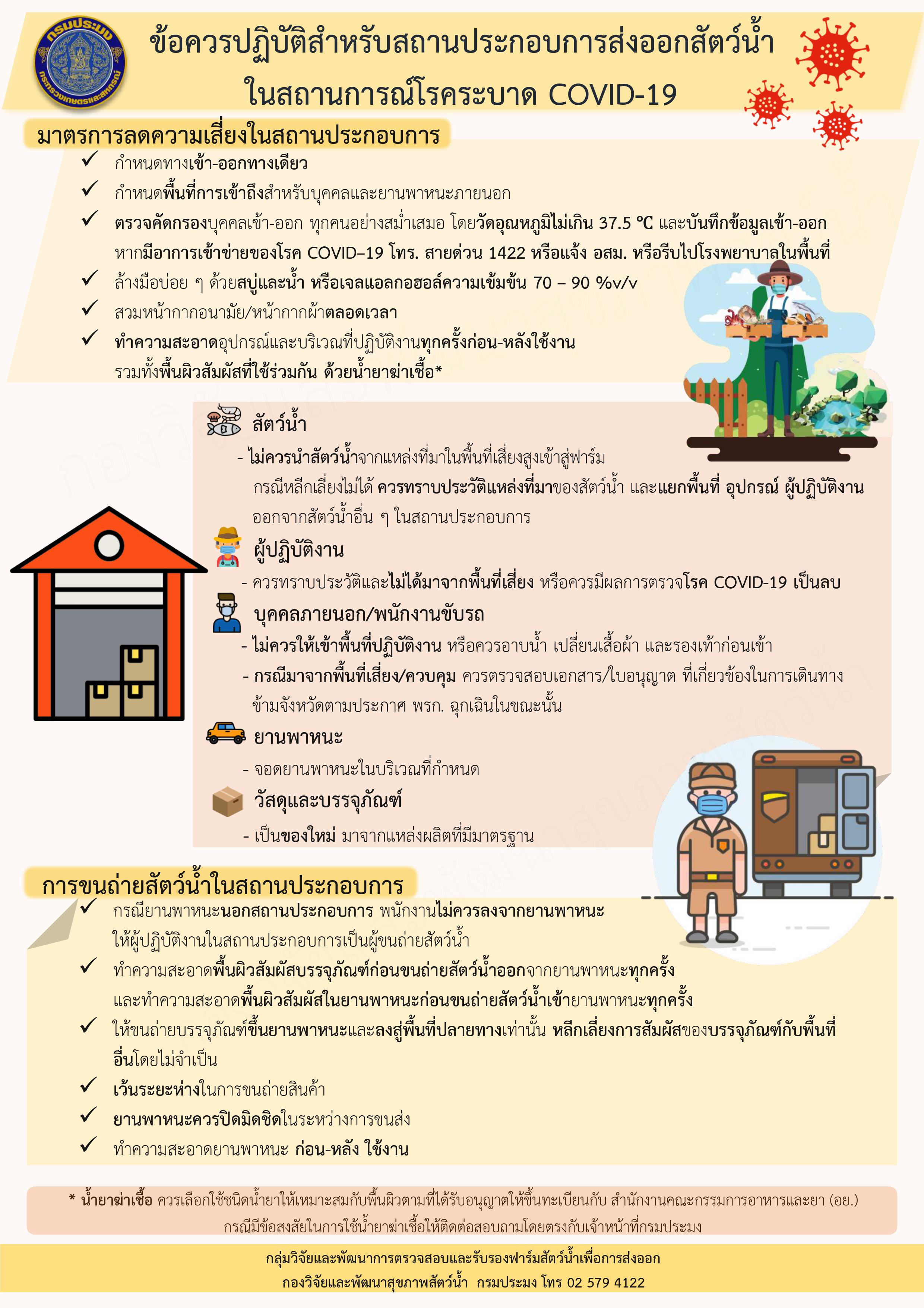 ข้อควรปฎิบัติสำหรับสถานประกอบการส่งออกสัตว์น้ำ ในสถานการณ์โรคระบาด COVID-19..คลิก