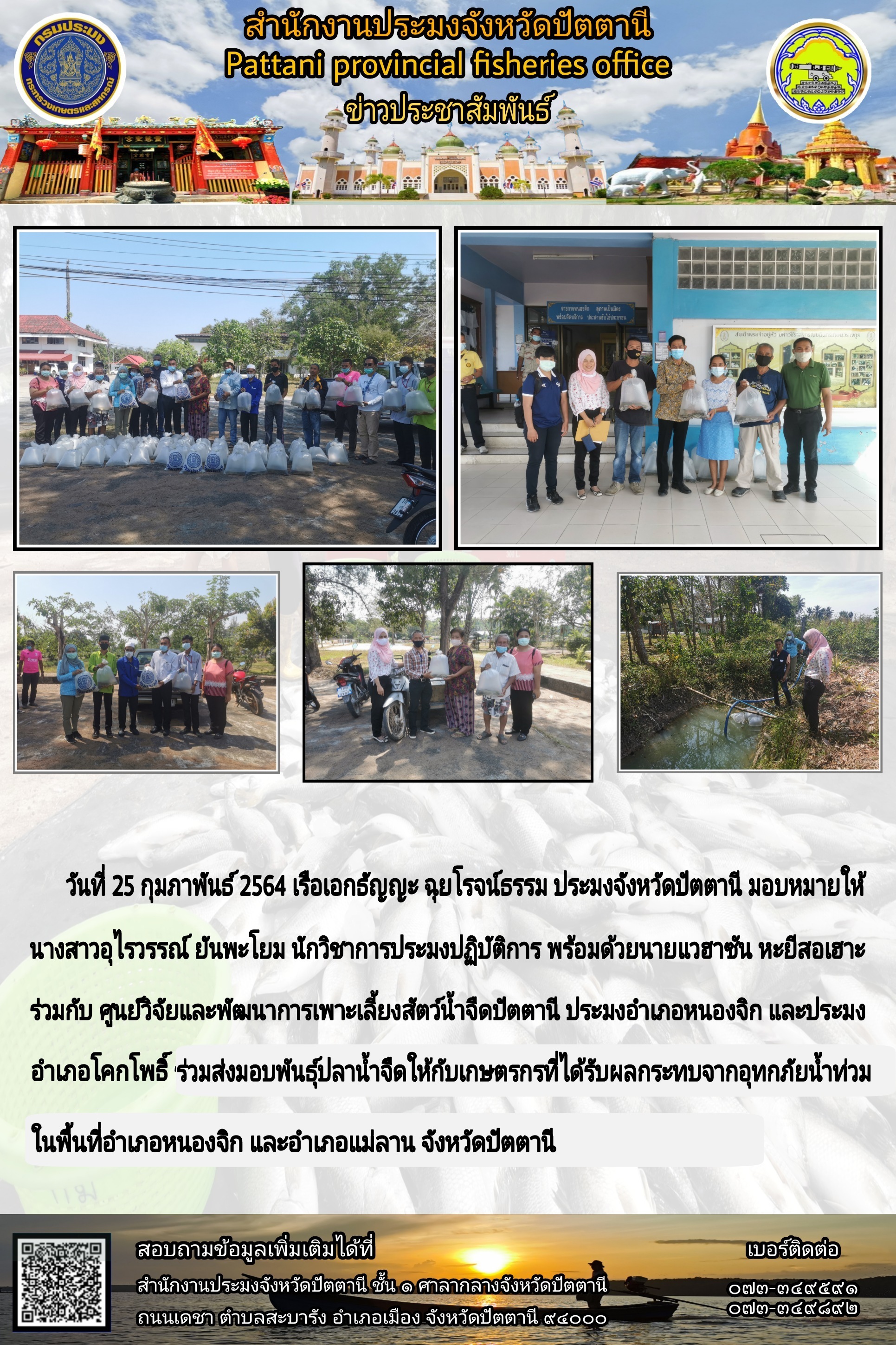 สำนักงานประมงจังหวัดปัตตานี ได้มอบพันธุ์ปลาน้ำจืดให้แก่เกษตรกรที่ได้รับผลกระทบจากอุทกภัยน้ำท่วม..คลิก