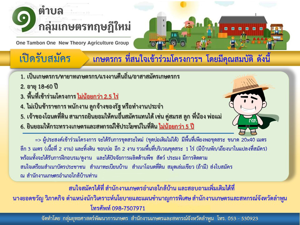 สำนักงานประมงจังหวัดลำพูน  เปิดรับสมัคร เกษตรกรที่สนใจเข้าร่วมโครงการฯ 1 ตำบล 1 กลุ่มเกษตรทฤษฎีใหม่..คลิก