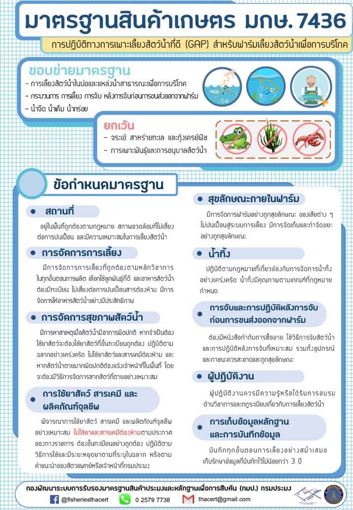 มาตรฐานสินค้าเกษตร มกษ. 7436 การปฏิบัติทางการเพาะเลี้ยงสัตว์น้ำที่ดี (GAP) สำหรับฟาร์มเลี้ยงสัตว์เพื่อการบริโภค..คลิก