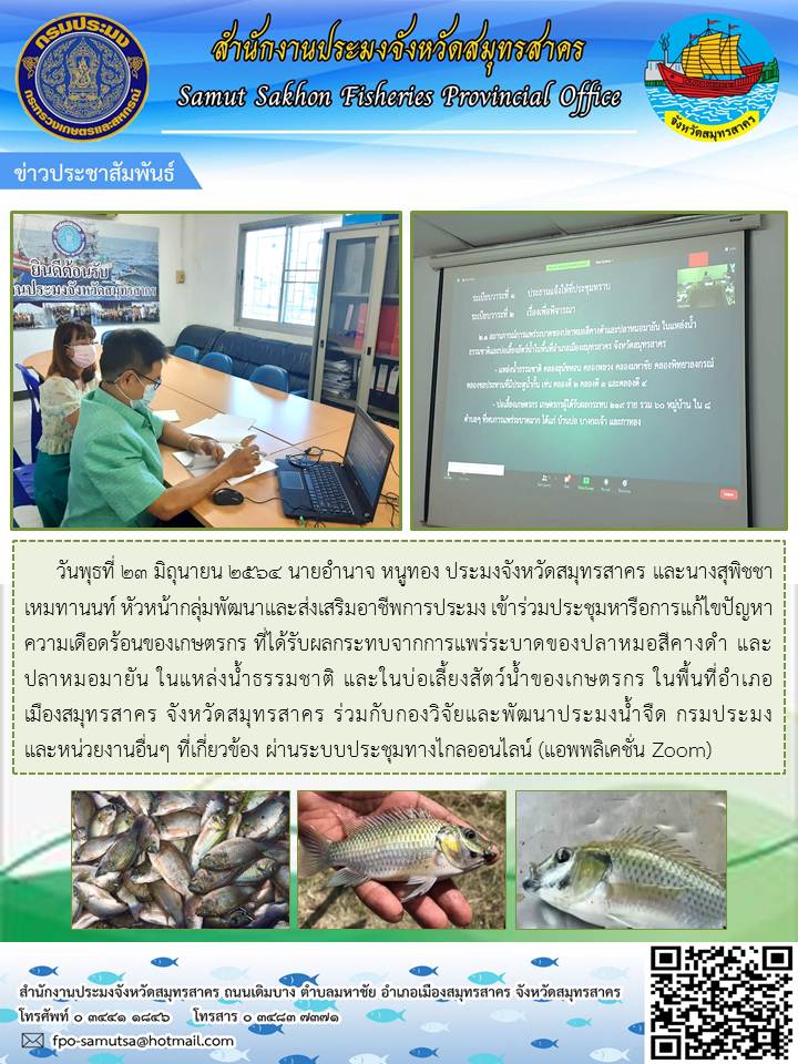 เข้าร่วมประชุมหารือการแก้ไขปัญหาความเดือดร้อนของเกษตรกรที่ได้รับผลกระทบจากการแพร่ระบาดของปลาหมอสีคางดำ และปลาหมอมายัน ในแหล่งน้ำธรรมชาติ และในบ่อเลี้ยงสัตว์น้ำของเกษตรกร ในพื้นที่อำเภอเมืองสมุทรสาคร จังหวัดสมุทรสาคร ร่วมกับกองวิจัยและพัฒนาประมงน้ำจืด กรมประมง..คลิก