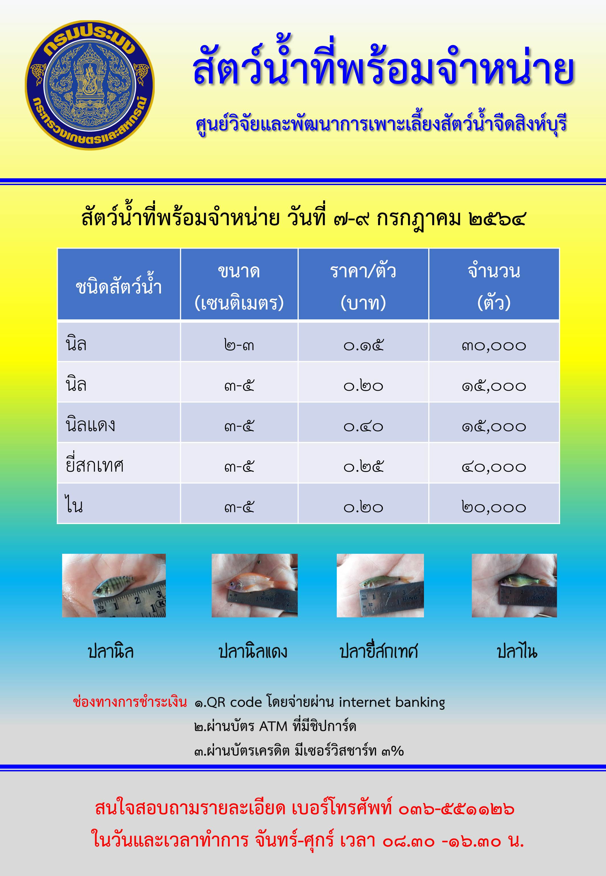 สัตว์น้ำพร้อมจำหน่าย ระหว่างวันที่ 7-9 กรกฎาคม พ.ศ. 2564..คลิก