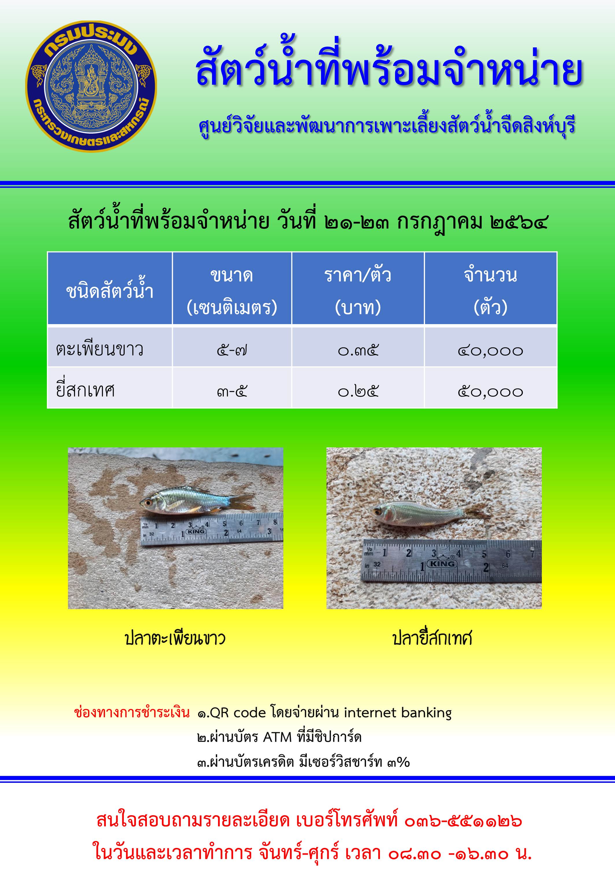 สัตว์น้ำพร้อมจำหน่าย ระหว่างวันที่ 21-23 กรกฎาคม พ.ศ. 2564..คลิก