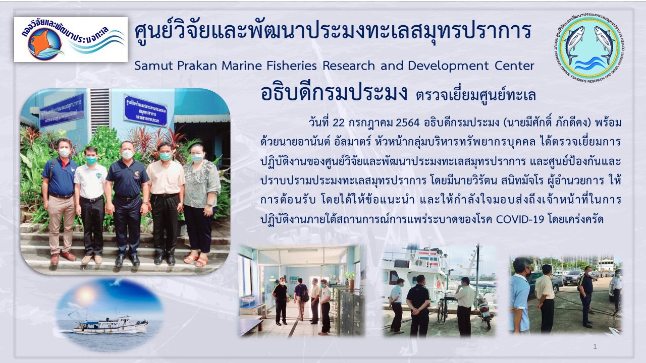 อธิบดีกรมประมงพร้อมด้วยคณะ เข้าตรวจเยี่ยมการปฏิบัติงานของศูนย์วิจัยและพัฒนาประมงทะเลสมุทรปราการ และศูนย์ป้องกันและปราบปรามประมงทะเลสมุทรปราการ..คลิก