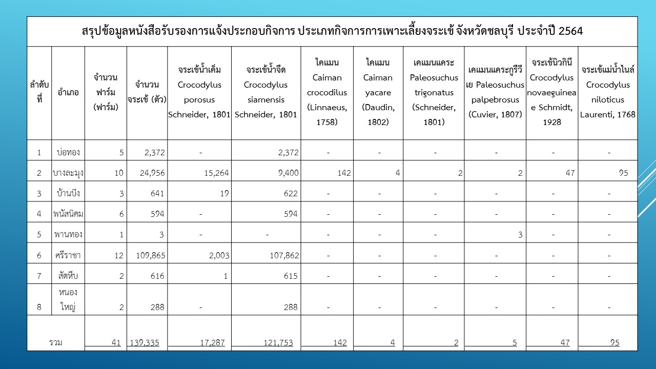 สรุปข้อมูลหนังสือรับรองการแจ้งประกอบกิจการ ประเภทกิจการการเพาะเลี้ยงจระเข้ จังหวัดชลบุรี ประจำปี 2564..คลิก