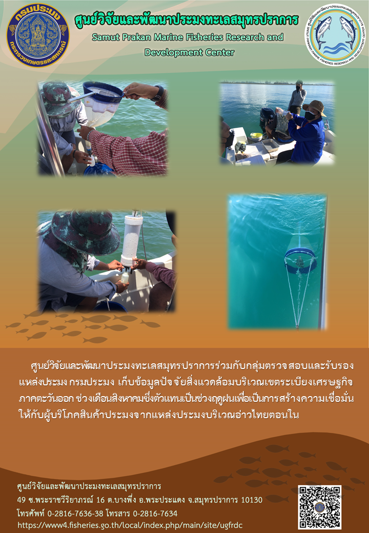 ศูนย์วิจัยและพัฒนาประมงทะเลสมุทรปราการร่วมกับกลุ่มตรวจสอบและรับรองแหล่งประมง กรมประมง เก็บข้อมูลปัจจัยสิ่งแวดล้อมบริเวณเขตระเบียงเศรษฐกิจภาคตะวันออก..คลิก
