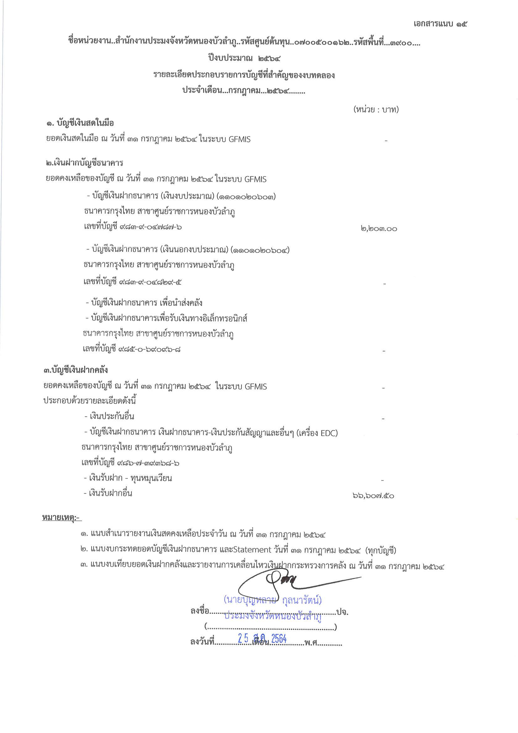การเปิดเผยแสดงรายละเอียดประกอบรายการบัญชีที่สำคัญประกอบงบทดลองประจำเดือน กรกฎาคม 2564..คลิก