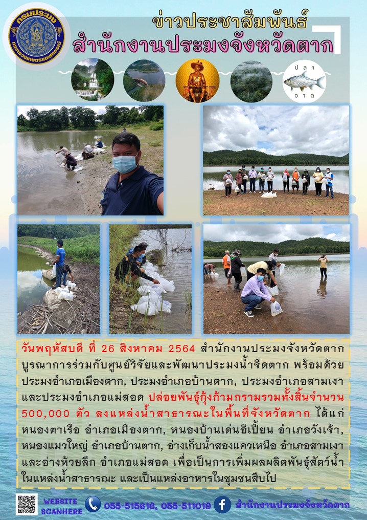 ปล่อยพันธุ์กุ้งก้ามกรามในพื้นทีจังหวัดตาก จำนวน 500,000 ตัว..คลิก