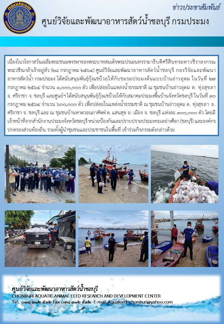 ข่าวประชาสัมพันธ์ : ศูนย์วิจัยและพัฒนาอาหารสัตว์น้ำชลบุรี กองวิจัยและพัฒนาอาหารสัตว์น้ำ กรมประมง ได้สนับสนุนพันธุ์กุ้งแชบ๊วย