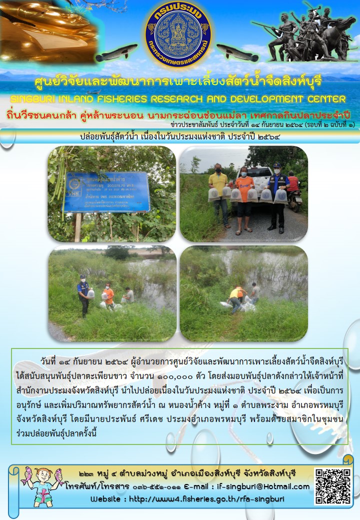 ปล่อยพันธุ์สัตว์น้ำ เนื่องในวันประมงแห่งชาติ ประจำปี 2564..คลิก