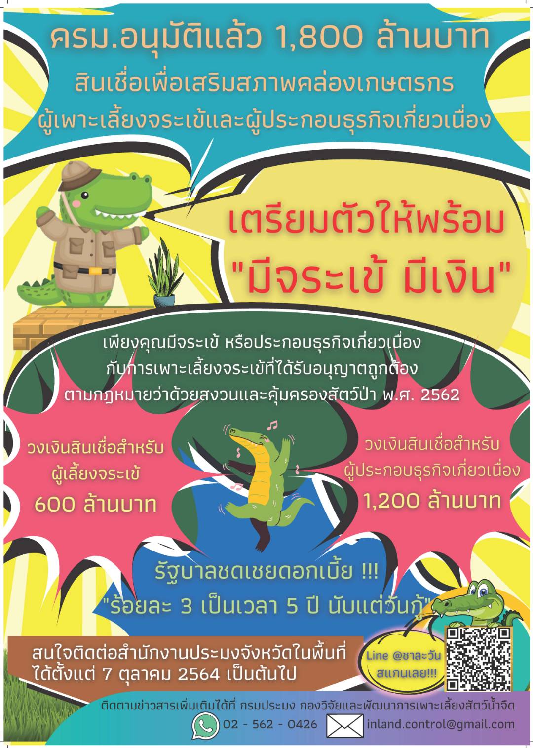 โครงการสินเชื่อเพื่อเสริมสภาพคล่องเกษตรกร ผู้เพาะเลี้ยงจระเข้และผู้ประกอบธุรกิจเกี่ยวเนื่อง..คลิก