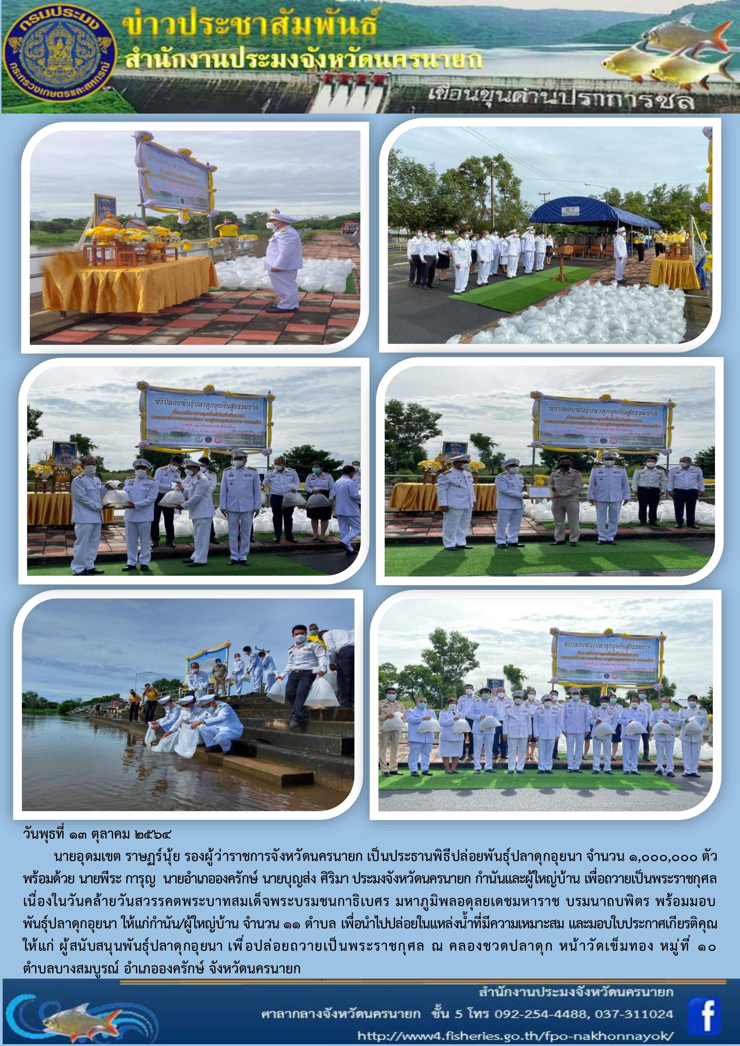 พิธีปล่อยพันธ์ุปลาดุกอุยนา เนื่องในวันคล้ายวันสวรรคตพระบาทสมเด็จพระบรมชนกาธิเบศร มหาภูมิพลอดุลยเดชมหาราช บรมนาถบพิตร..คลิก