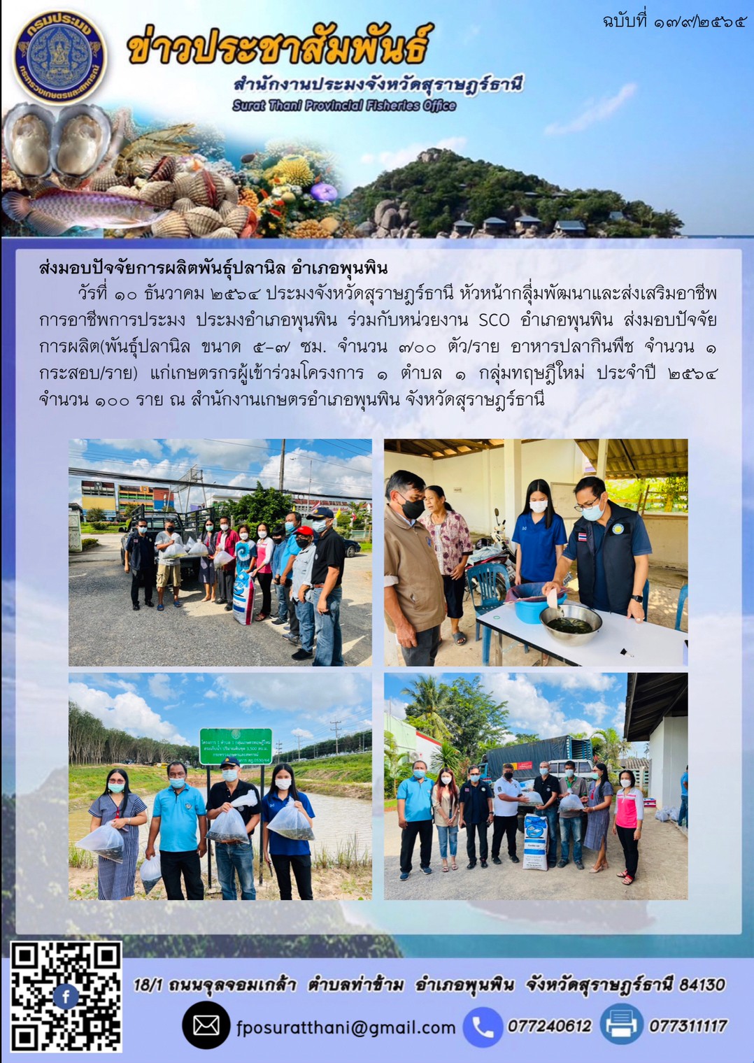 ส่งมอบปัจจัยการผลิตพันธุ์ปลานิล อำเภอพุนพิน      ..คลิก