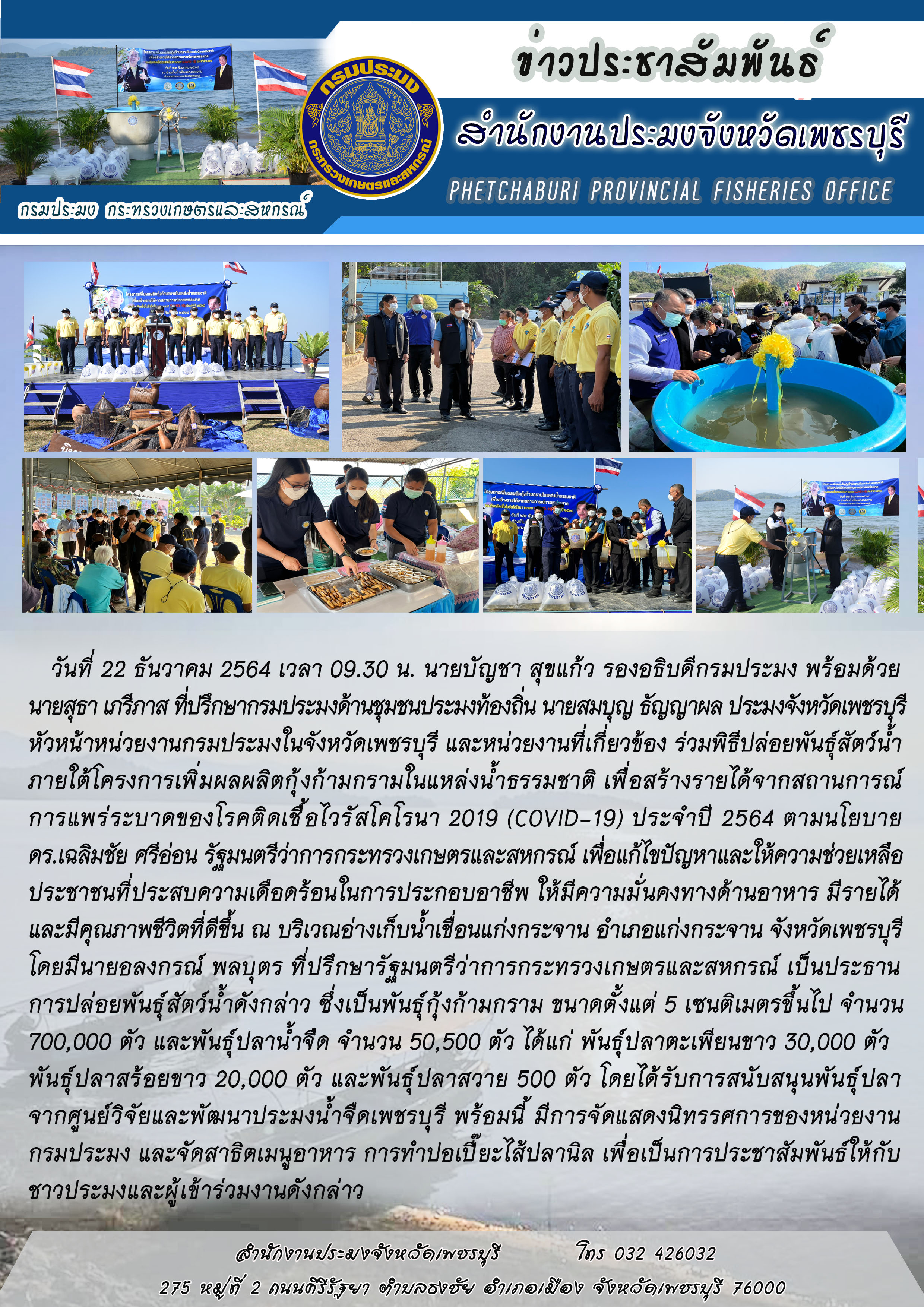 นายบัญชา สุขแก้ว รองอธิบดีกรมประมง พร้อมด้วย นายสุธา เภรีภาส ที่ปรึกษากรมประมงด้านชุมชนประมงท้องถิ่น นายสมบุญ ธัญญาผล ประมงจังหวัดเพชรบุรี หัวหน้าหน่วยงานกรมประมงในจังหวัดเพชรบุรี และหน่วยงานที่เกี่ยวข้อง ร่วมพิธีปล่อยพันธุ์สัตว์น้ำ ภายใต้โครงการเพิ่มผลผลิตกุ้งก้ามกรามในแหล่งน้ำธรรมชาติ เพื่อสร้างรายได้จากสถานการณ์ การแพร่ระบาดของโรคติดเชื้อไวรัสโคโรนา 2019 (COVID-19) ประจำปี 2564