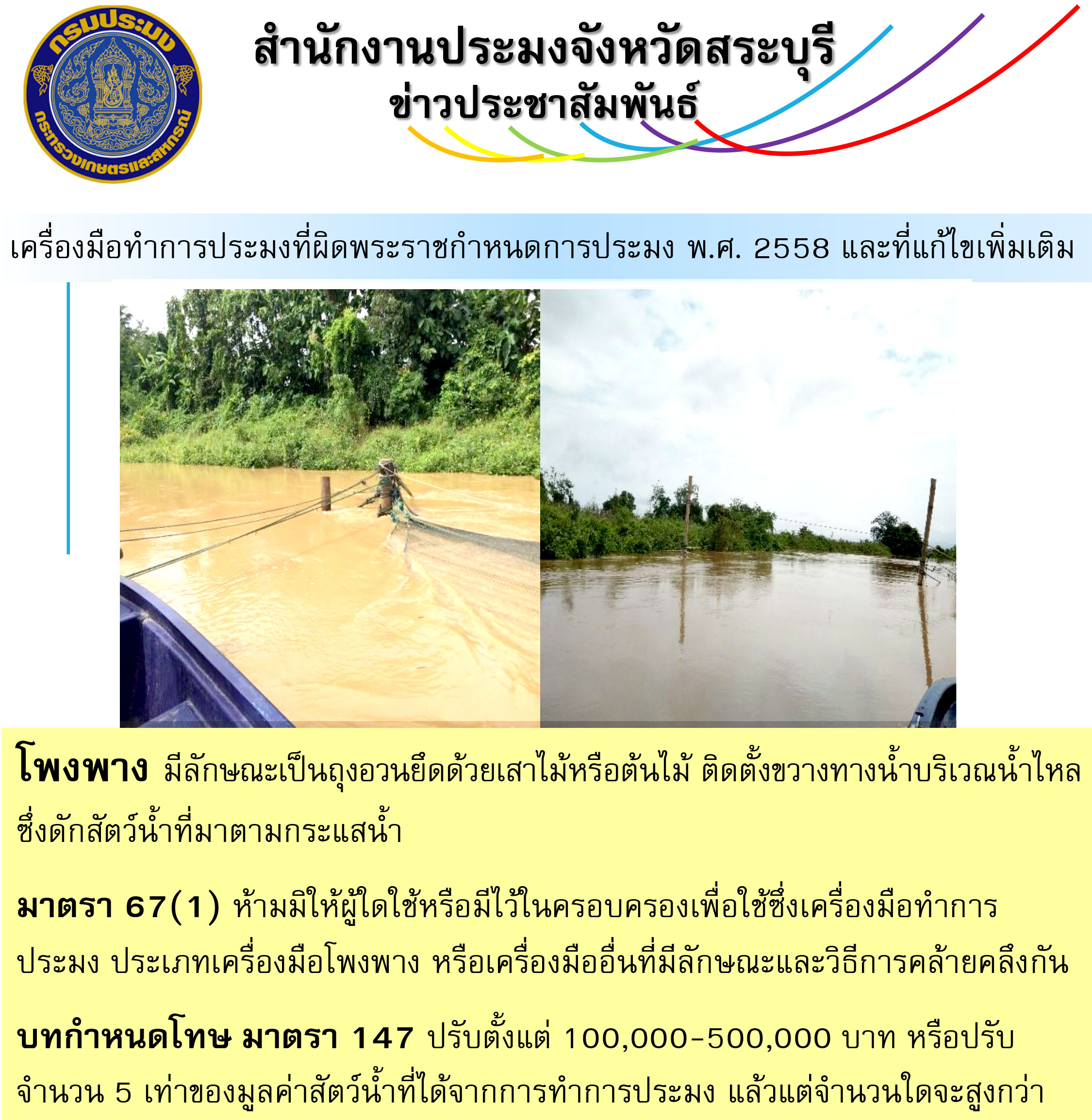 เครื่องมือทำการประมงที่ผิดพระราชกำหนดการประมง พ.ศ. 2558 และที่แก้ไขเพิ่มเติม..คลิก