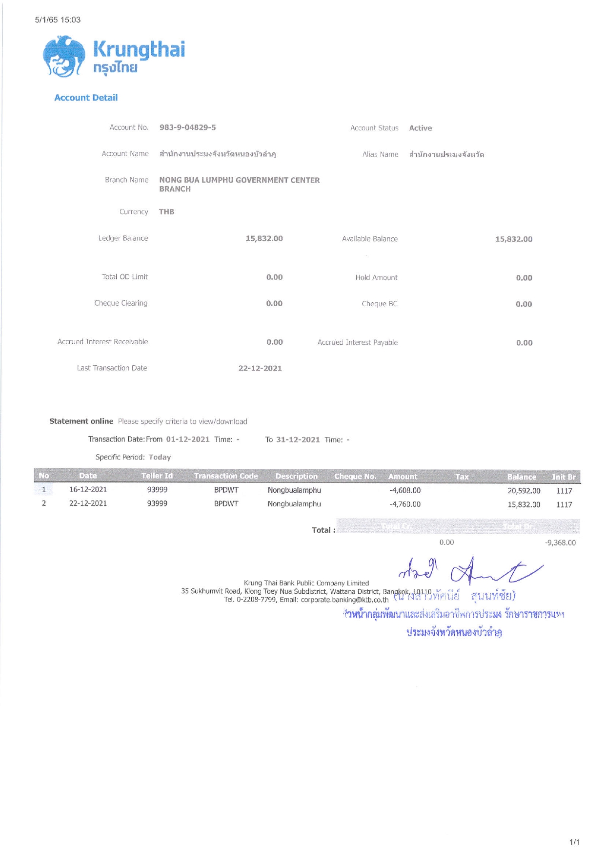 การเปิดเผยแสดงรายละเอียดประกอบรายการบัญชีที่สำคัญประกอบงบทดลองประจำเดือน ธันวาคม  2564..คลิก