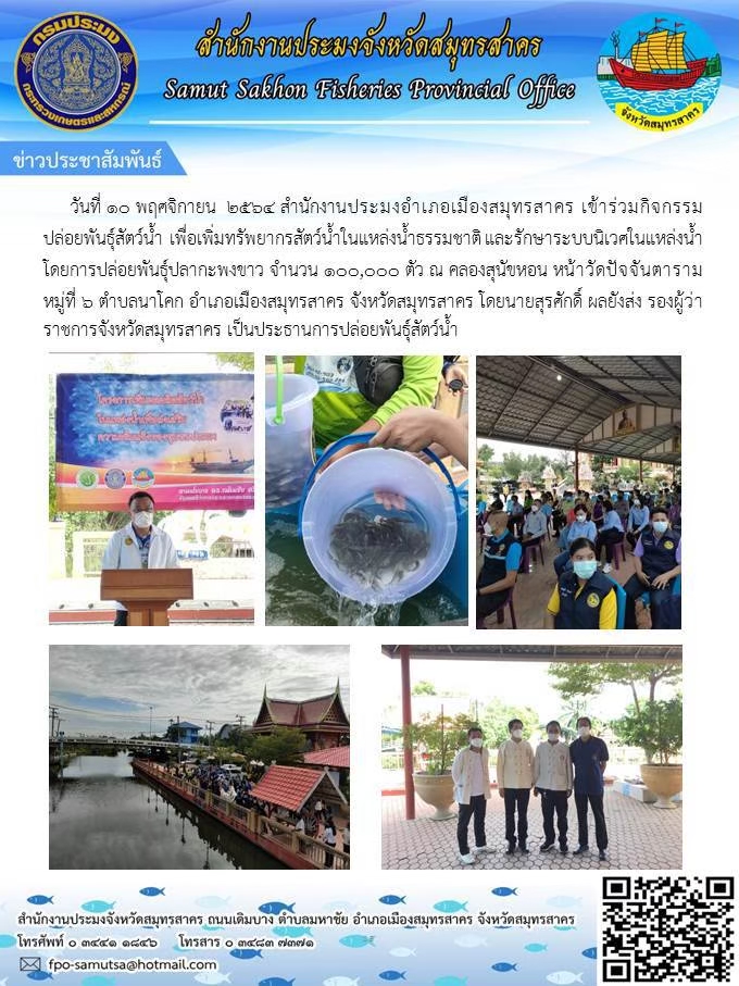 กิจกรรมปล่อยพันธุ์สัตว์น้ำ เพื่อเพิ่มทรัพยากรสัตว์น้ำธรรมชาติ และรักษาระบบนิเวศน์ในแหล่งน้ำธรรมชาติ และรักษาระบบนิเวศน์ในแหล่งน้ำโดยการปล่อยพันธุ์ปลากะพงขาว จำนวน 100,000 ตัว 