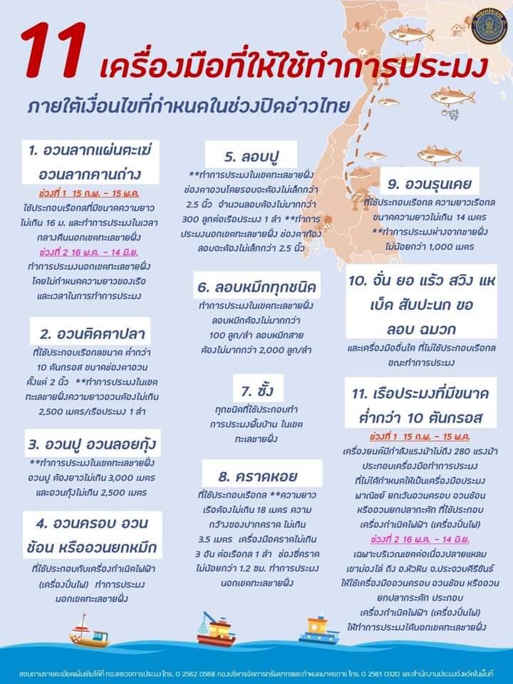11 เครื่องมือที่ให้ใช้ทำการประมง ภายใต้เงื่อนไขที่กำหนดในช่วงปิดอ่าว..คลิก