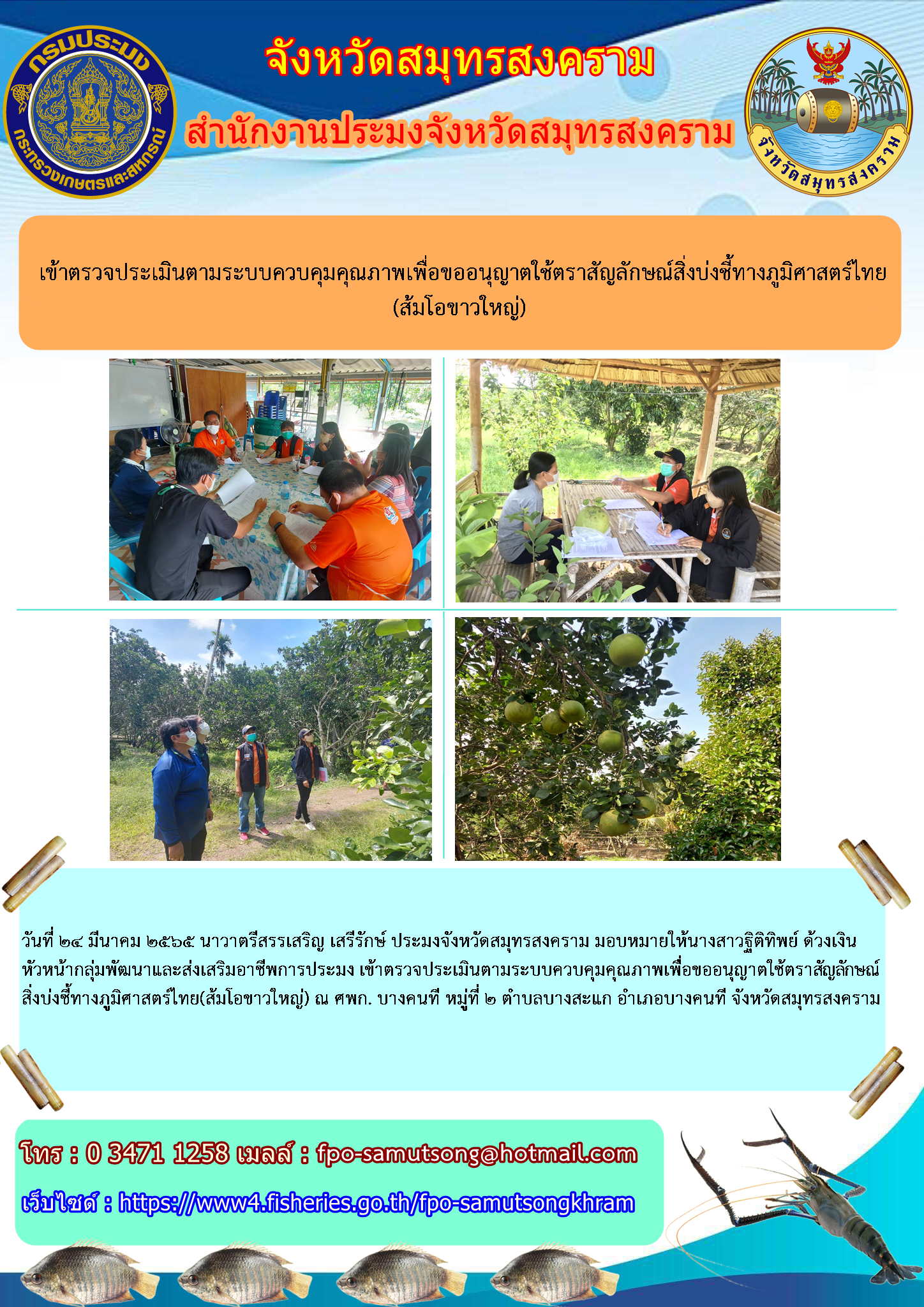 เข้าตรวจประเมินตามระบบควบคุมคุณภาพเพื่อขออนุญาตใช้ตราสัญลักษณ์สิ่งบ่งชี้ทางภูมิศาสตร์ไทย(ส้มโอขาวใหญ่)..คลิก