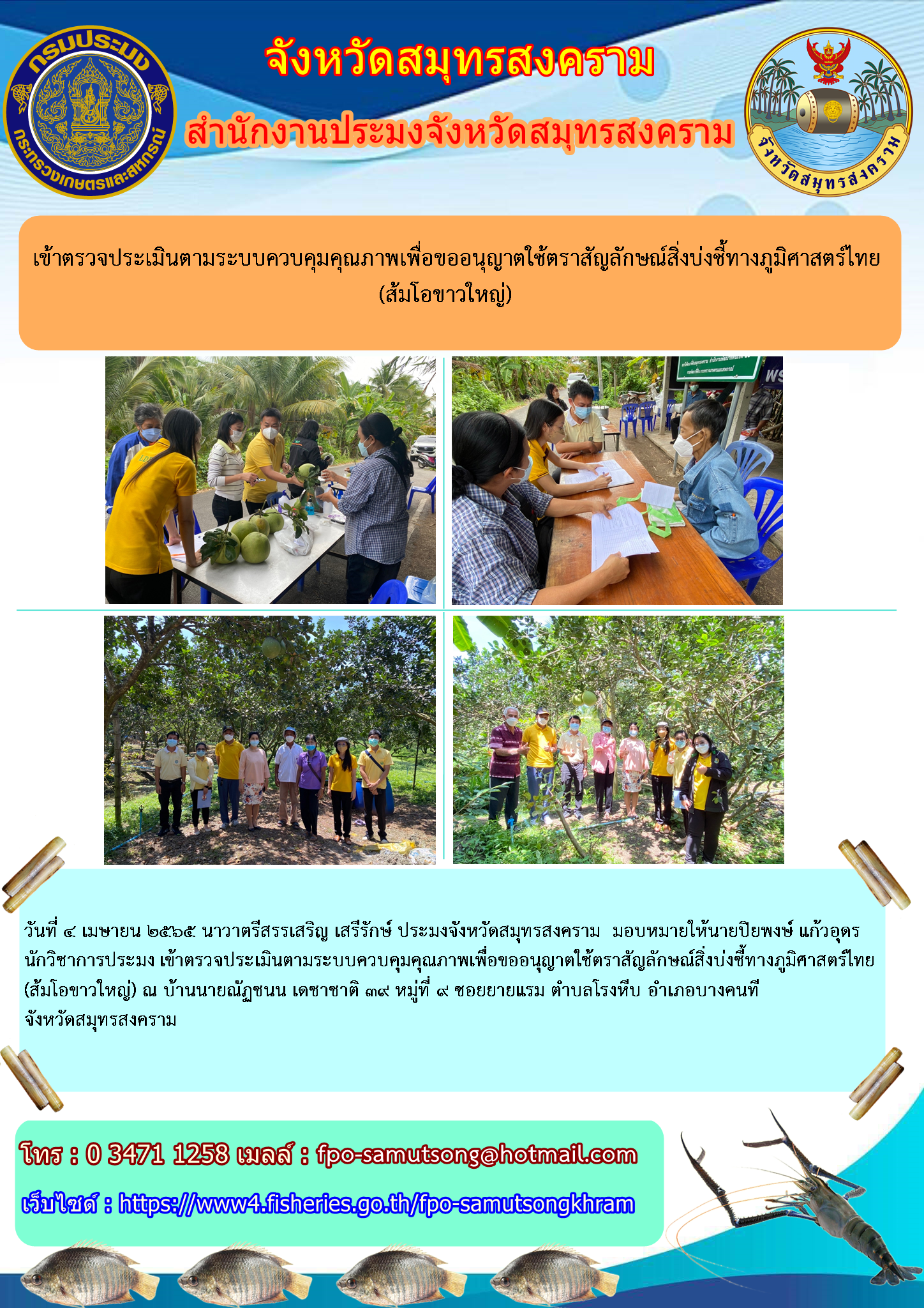 เข้าตรวจประเมินตามระบบควบคุมคุณภาพเพื่อขออนุญาตใช้ตราสัญลักษณ์สิ่งบ่งชี้ทางภูมิศาสตร์ไทย(ส้มโอขาวใหญ่)..คลิก