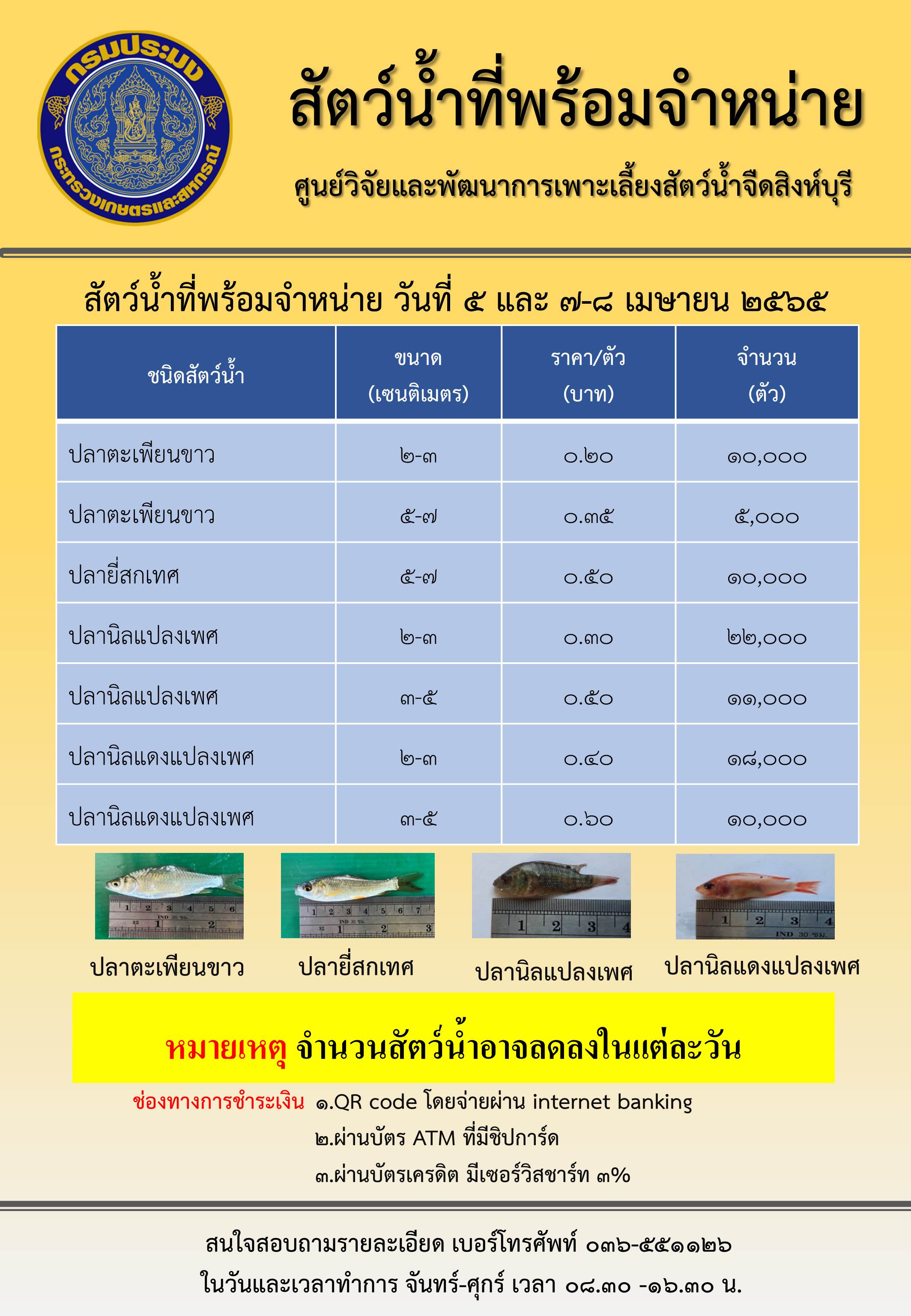 สัตว์น้ำพร้อมจำหน่าย ระหว่างวันที่ วันที่ 5 และ 7-8 เมษายน 2565..คลิก