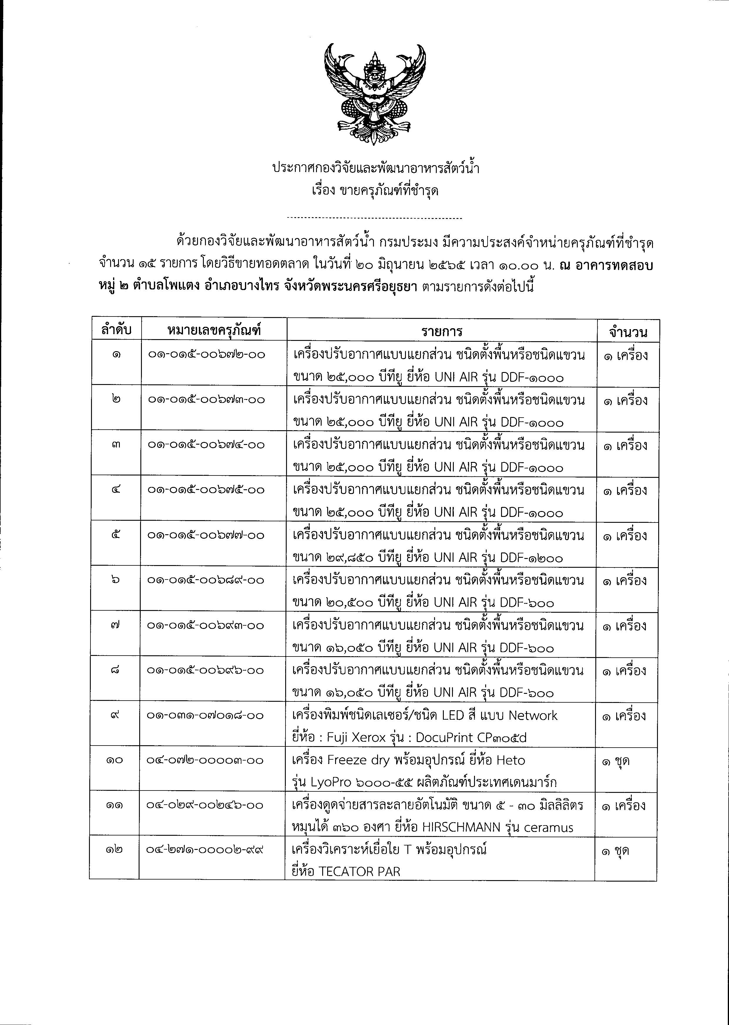 ประกาศ...กองวิจัยและพัฒนาอาหารสัตว์น้ำ  เรื่อง...ขายครุภัณฑ์ที่ชำรุด..คลิก