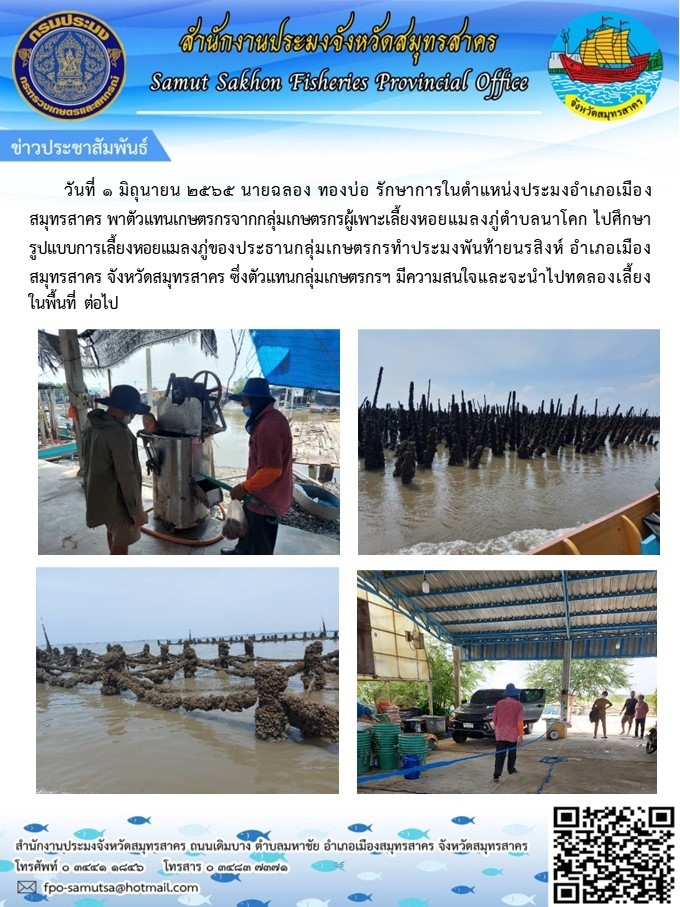 พาตัวแทนเกษตรกรผู้เพาะเลี้ยงหอยแมลงภู่ ตำบลนาโคก  ไปศึกษารูปแบบการเลี้ยงหอยแมงภู่ของประธานกลุ่มเกษตรกรทำประมงพันท้ายนรสิงห์  