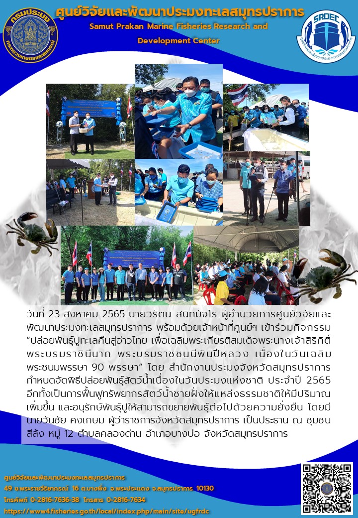 ศูนย์วิจัยและพัฒนาประมงทะเลสมุทรปราการเข้าร่วมกิจกรรม “ปล่อยพันธุ์ปูทะเลคืนสู่อ่าวไทย เพื่อเฉลิมพระเกียรติสมเด็จพระนางเจ้าสิริกิติ์ พระบรมราชินีนาถ พระบรมราชชนนีพันปีหลวง เนื่องในวันเฉลิมพระชนมพรรษา 90 พรรษา”ณ ชุมชนสีล้ง จังหวัดสมุทรปราการ..คลิก