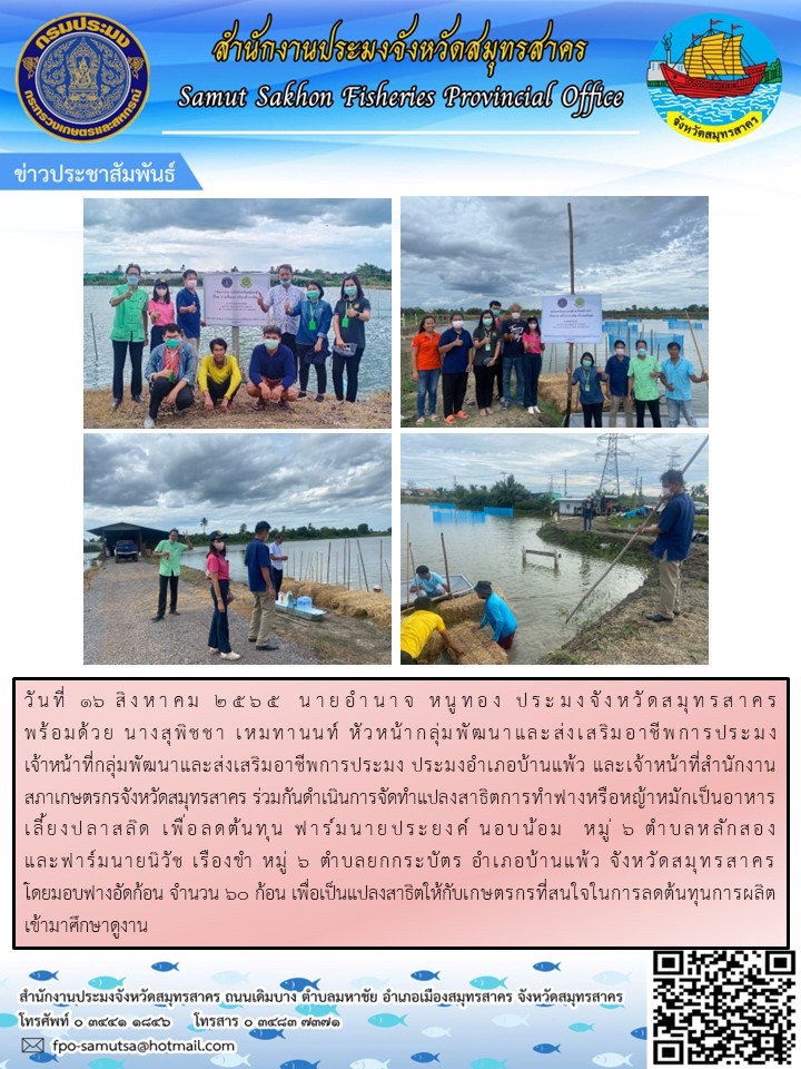 วันที่ 16 สิงหาคม 2565 นายกมล  กลึงพงษ์ ประมงอำเภอบ้านแพ้ว ลงพื้นที่ สาธิตการทำฟางข้างหรือหญ้าหมักเป็นอาหารปลาสลิด เพื่อลดต้นทุน อำเภอบ้านแพ้ว  จังหวัดสมุทรสาคร..คลิก