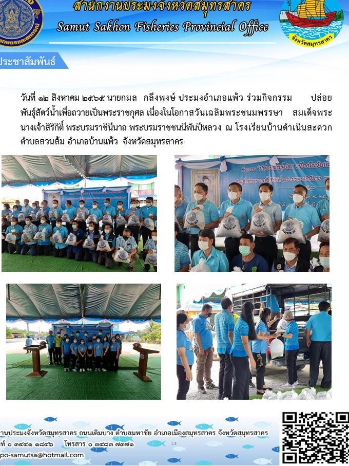 วันที่ 12 สิงหาคม 2565 นายกมล  กลึงพงษ์ ประมงอำเภอบ้านแพ้ว  ร่วมกิจกรรมปล่อยพันธุ์สัตว์น้ำ เพื่อถวายเป็นพระราชกุศล  เนื่องในโอกาสวันเฉลิมพระชนมพรรษา สมเด็จพระนางเจ้าสิริกิติ์ พระบรมราชินีนาถ พระบรมราชชนนีพันปีหลวง ณ โรงเรียนบ้านดำเนินสะดวก ตำบลสวนส้ม อำเภอบ้านแพ้ว  จังหวัดสมุทรสาคร..คลิก