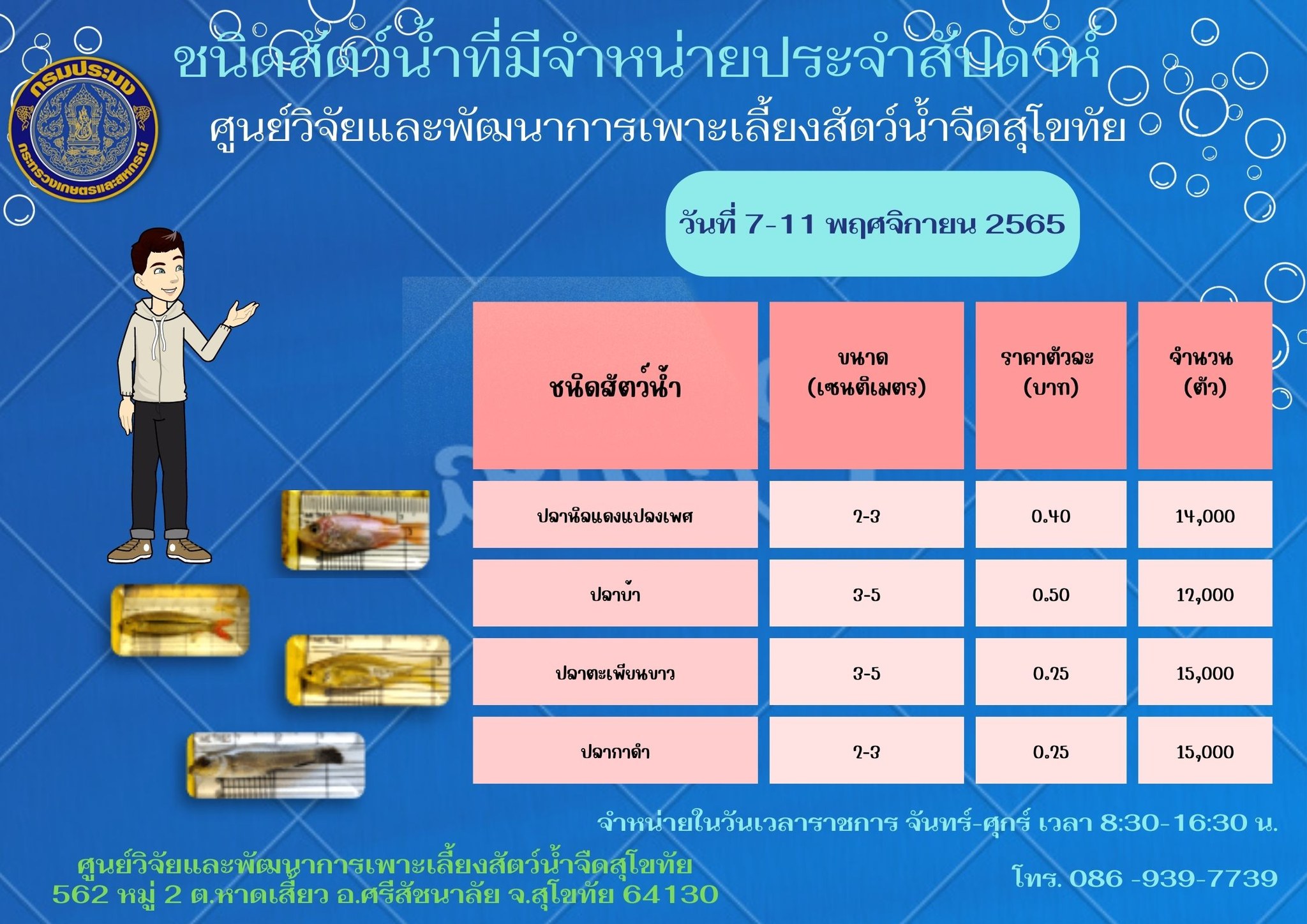 ชนิดสัตว์น้ำที่มีจำหน่ายประจำสัปดาห์ วันที่ 7-11 พฤศจิกายน 2565..คลิก