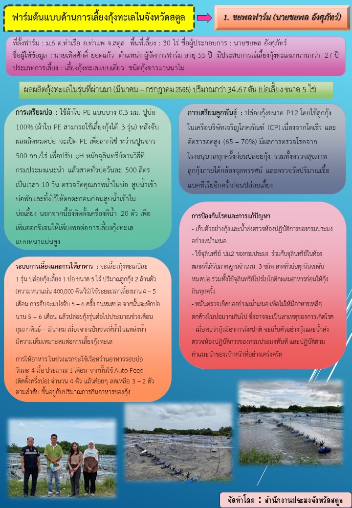 ประชาสัมพันธ์ -- ฟาร์มต้นแบบด้านการเลี้ยงกุ้งทะเลในจังหวัดสตูล