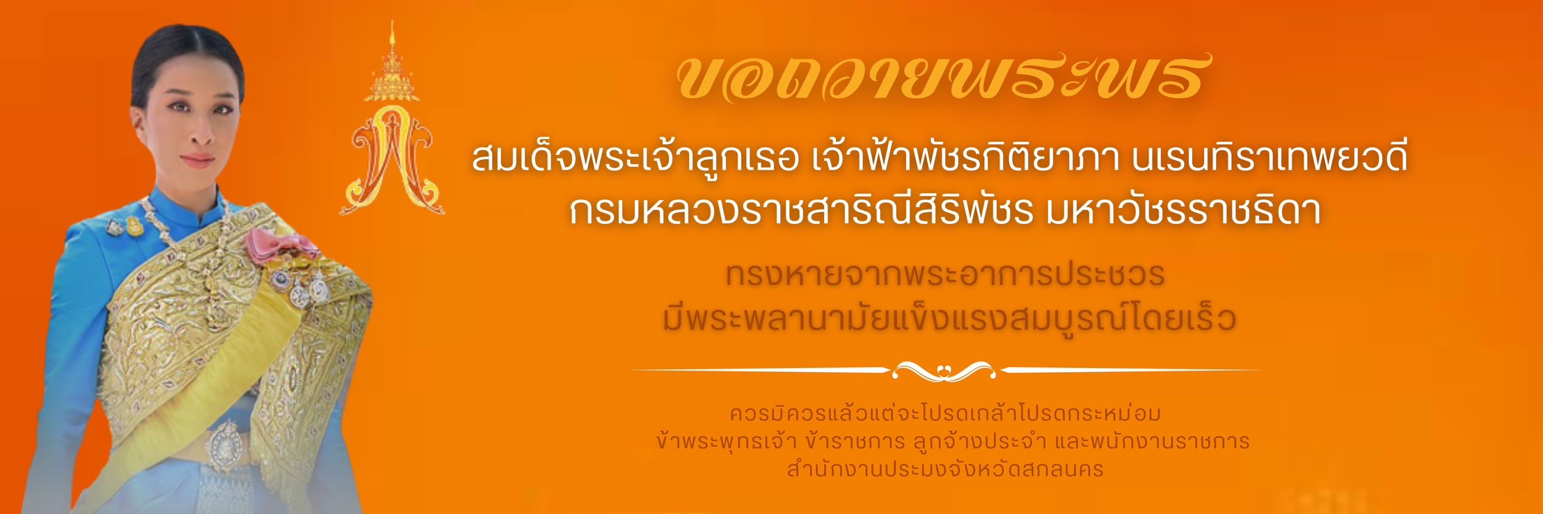 ขอถวายพระพร สมเด็จพระเจ้าลูกเธอ เจ้าฟ้าพัชรกิติยาภา นเรนทิราเทพยวดี กรมหลวงราชสาริณีสิริพัชร มหาวัชรราชธิดา ขอให้ทรงหายจากพระอาการประชวรและมีพระพลานามัยแข็งแรงโดยเร็ววัน