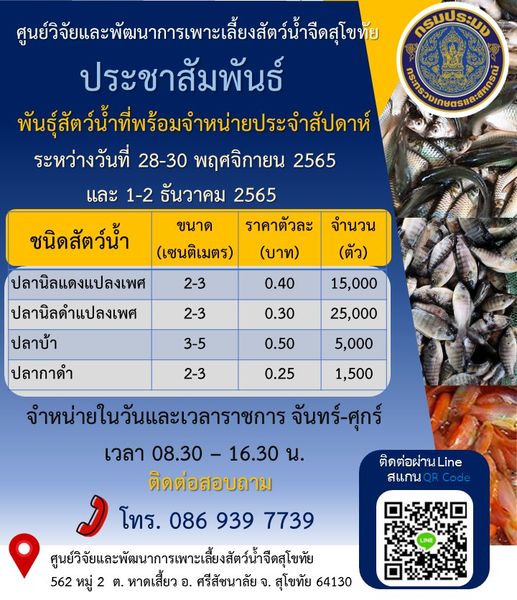 ชนิดสัตว์น้ำที่มีจำหน่าย ประจำสัปดาห์ ที่ 28-30 พฤศจิกายน - ที่ 1-2 ธันวาคม 2565..คลิก