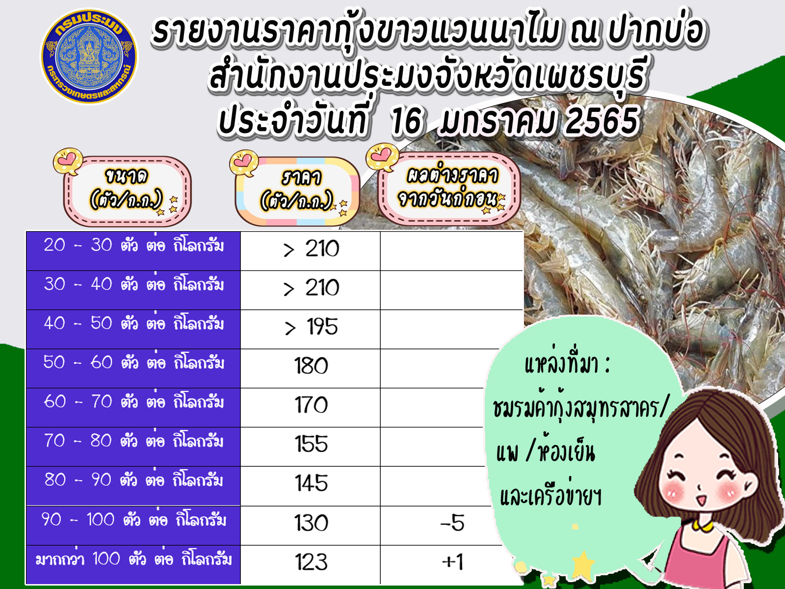 ราคากุ้งขาวแวนนาไม ประจำวันที่ 16 มกราคม 2566..คลิก