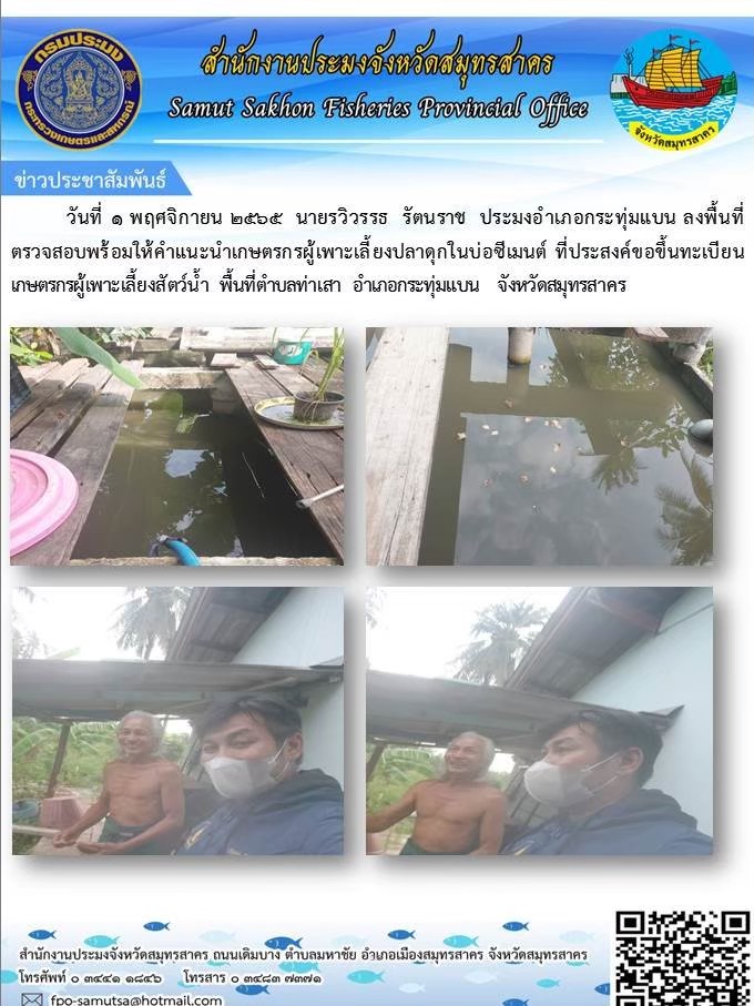 ลงพื้นที่ตรวจสอบพร้อมให้คำแนะนำเกษตรกรผู้เพาะเลี้ยงปลาดุกในบ่อซีเมนต์..คลิก