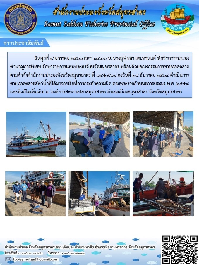ดำเนินการขายทอดตลาดสัตว์น้ำที่ได้มาจากเรือที่การกระทำความผิด ตามพระราชกำหนดการประมง ตามคำสั่งสำนักงานประมงจังหวัดสมุทรสาคร ที่ 84/2564 ลงวันที่ 28 ธันวาคม 2564