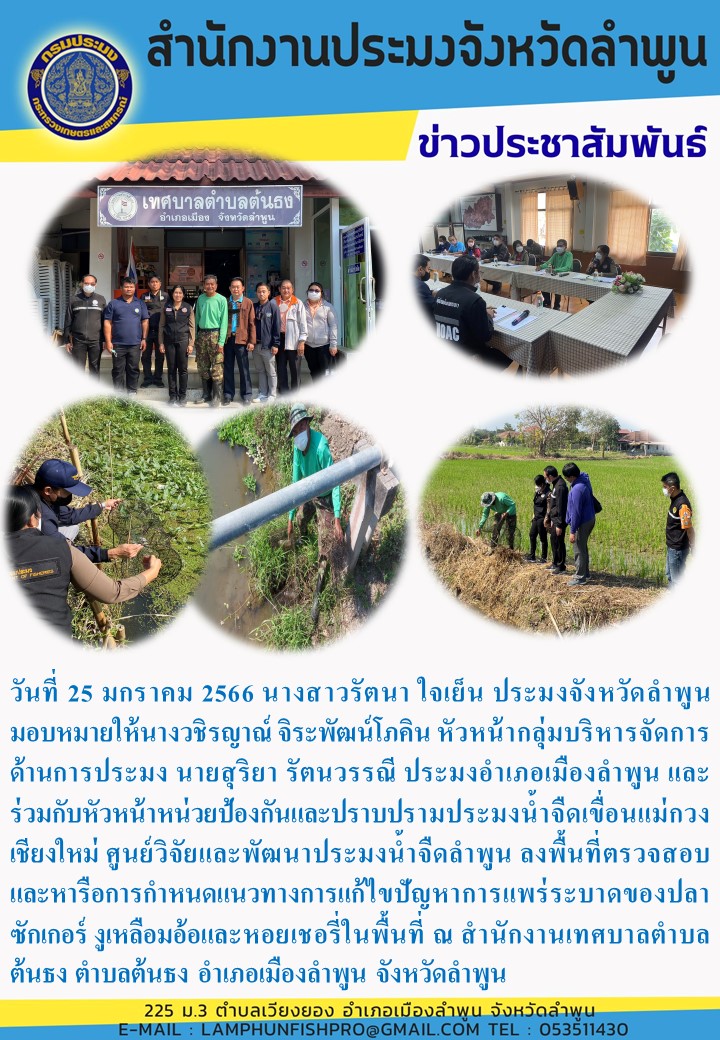 สำนักงานประมงจังหวัดลำพูน ลงพื้นที่ตรวจสอบและหารือการกำหนดแนวทางการแก้ไขปัญหาการแพร่ระบาดของปลาซักเกอร์ งูเหลือมอ้อและหอยเชอรี่..คลิก