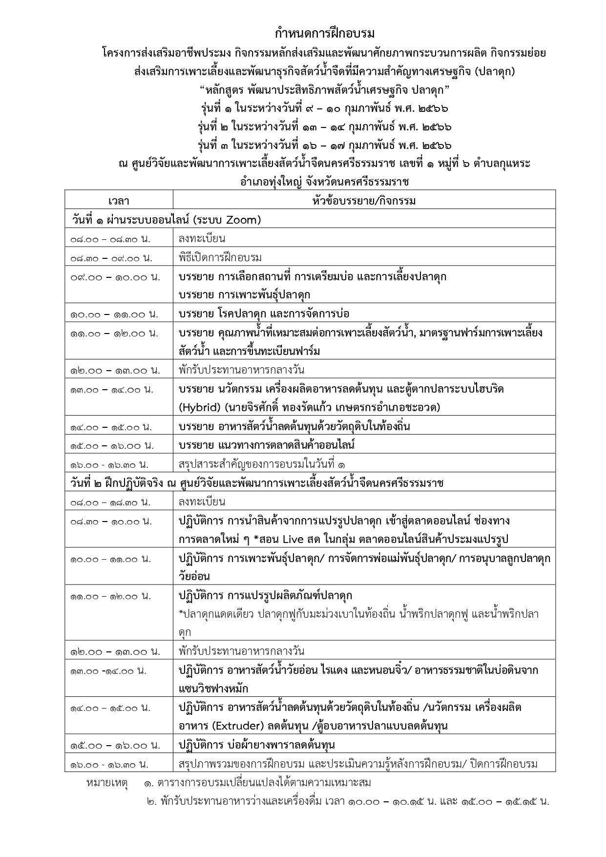 กำหนดการและรายชื่อผู้เข้าอบรมหลักสูตร พัฒนาประสิทธิภาพสัตว์น้ำเศรษฐกิจ ปลาดุก..คลิก