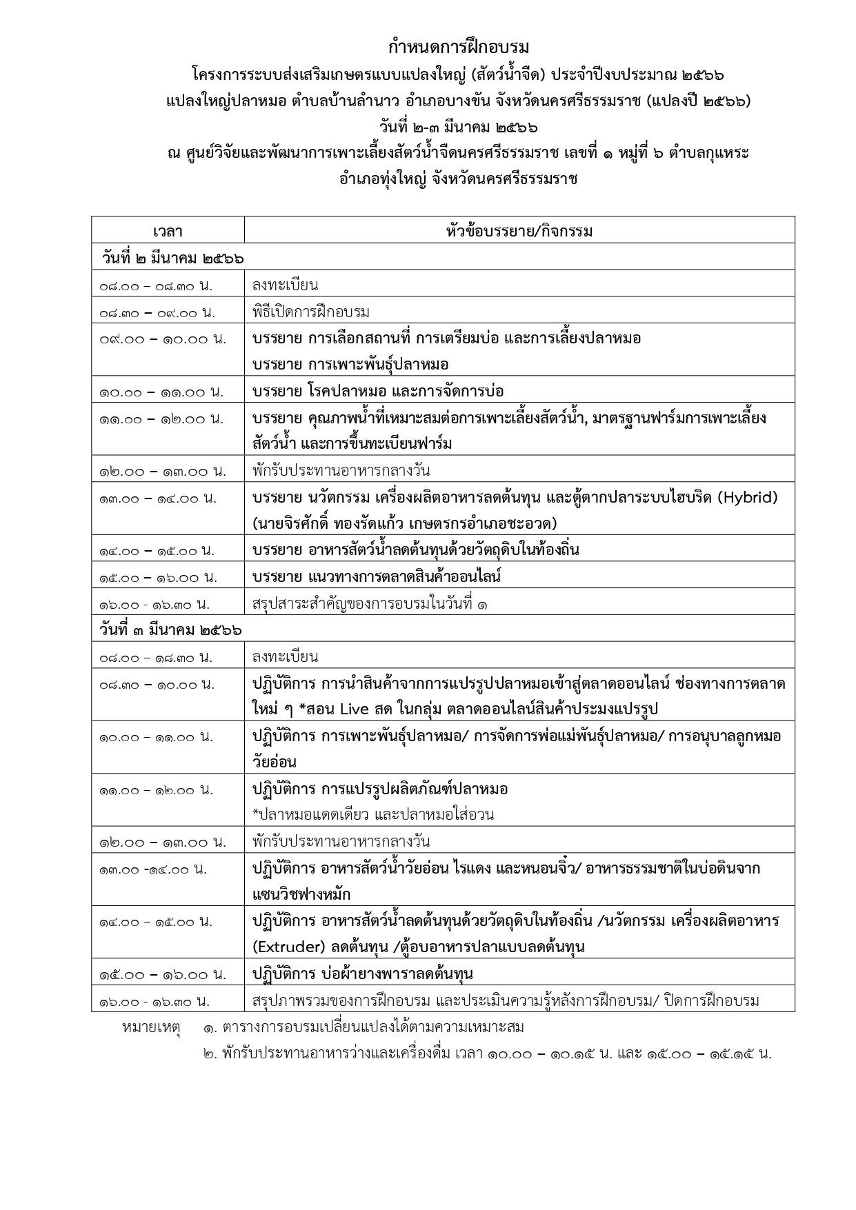 กำหนดการและรายชื่อผู้เข้าอบรม โครงการระบบส่งเสริมเกษตรแบบแปลงใหญ่ (ปลาหมอ)..คลิก