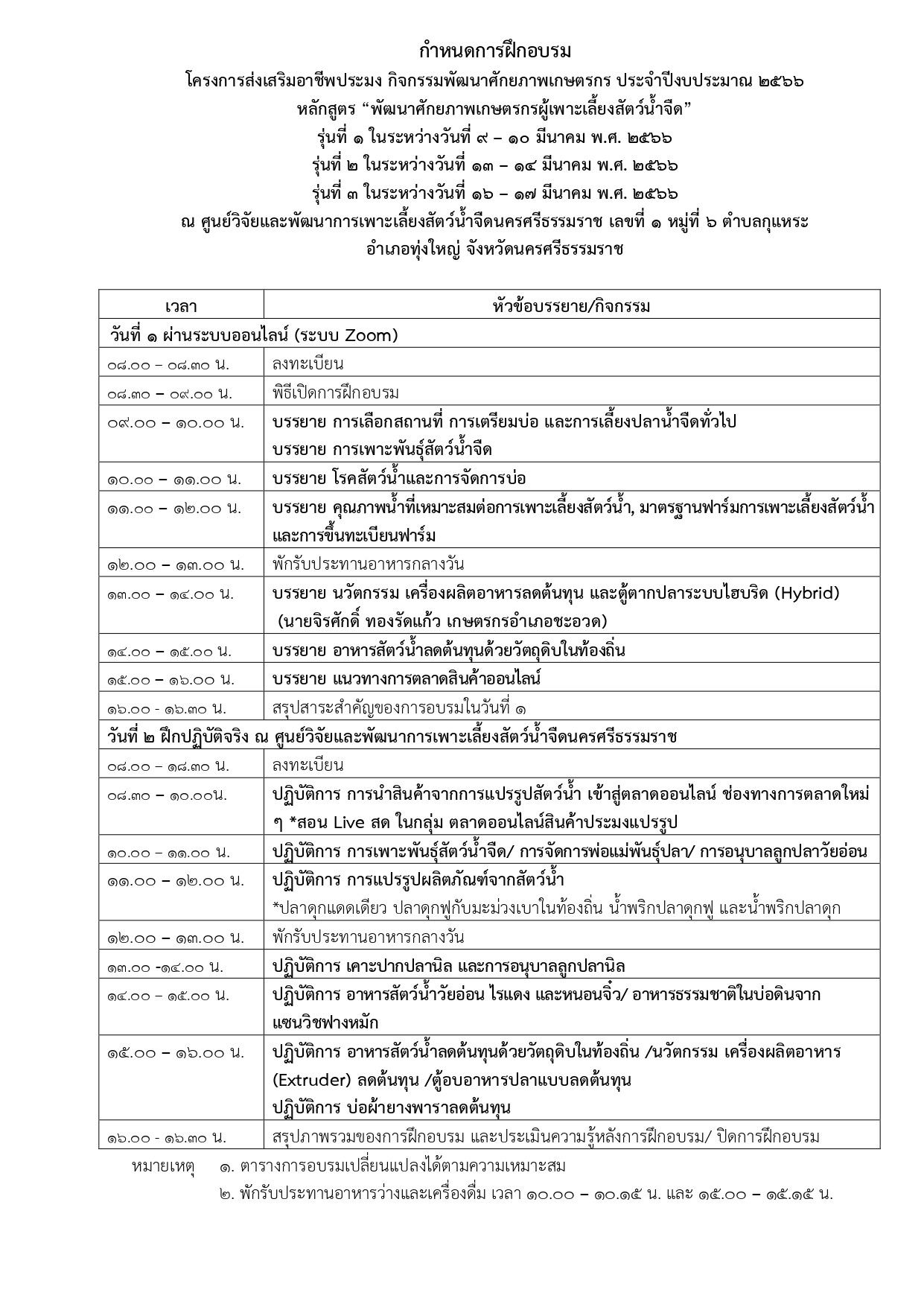 กำหนดการและรายชื่อผู้เข้าอบรมหลักสูตร พัฒนาศักยภาพเกษตรกรผู้เลี้ยงสัตว์น้ำจืด..คลิก