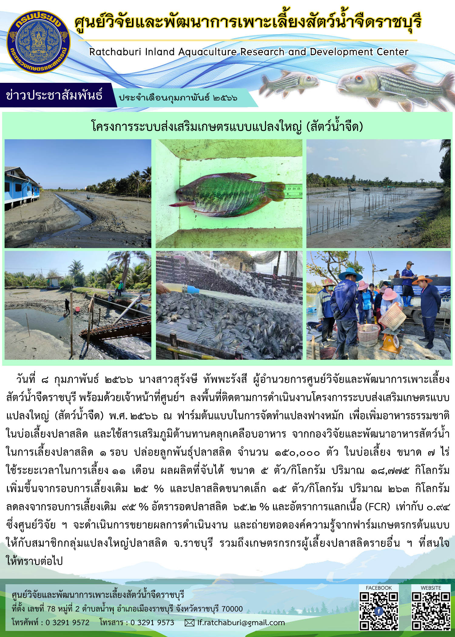 ติดตามการดำเนินงานโครงการระบบส่งเสริมเกษตรแบบแปลงใหญ่ (สัตว์น้ำจืด) พ.ศ. 2566 ณ ฟาร์มต้นแบบการจัดการด้านอาหาร ของกลุ่มแปลงใหญ่ปลาสลิด อ.บางแพ จ.ราชบุรี..คลิก
