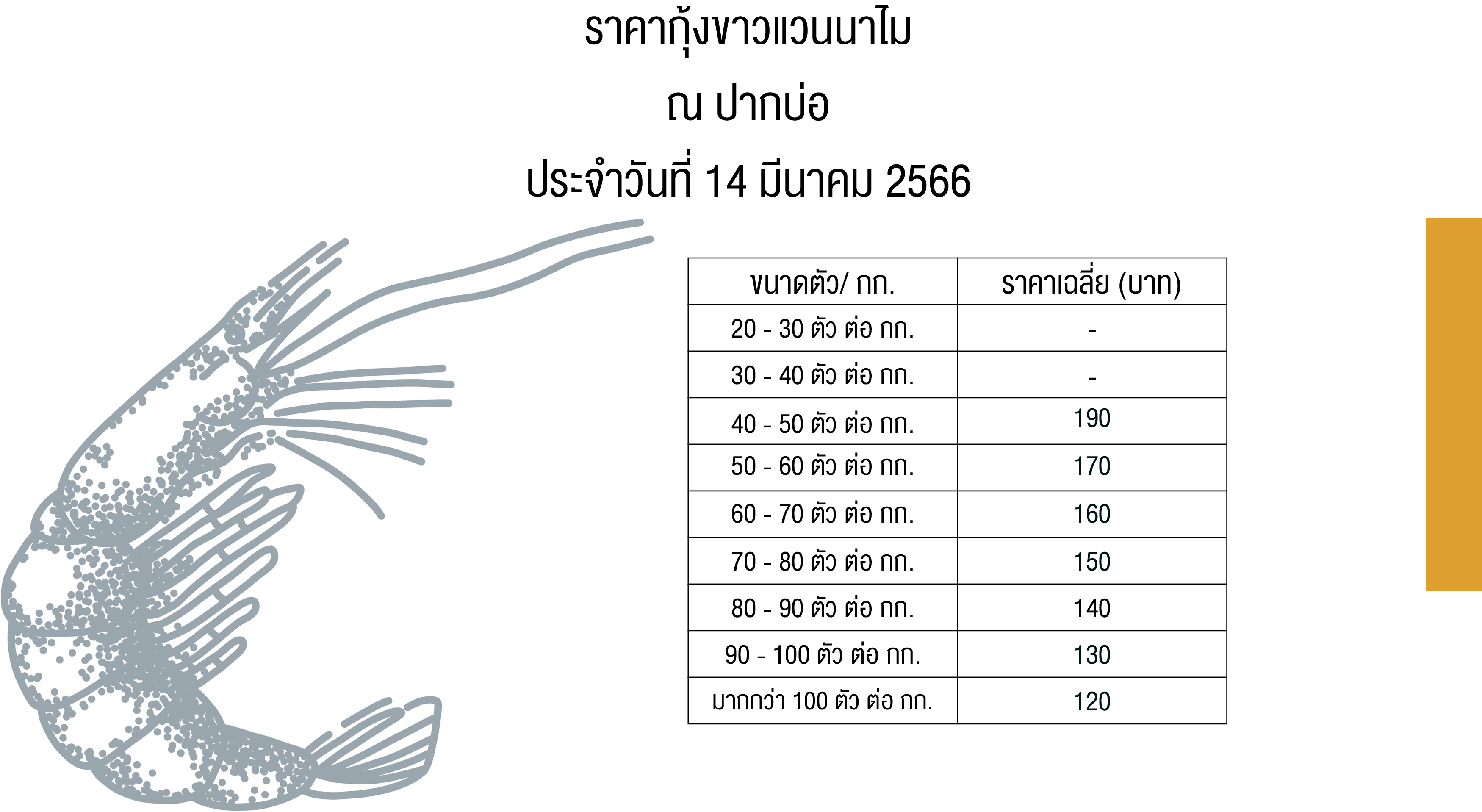 ราคากุ้งขาวแวนนาไม ณ ปากบ่อ จังหวัดนครนายก  ประจำเดือน มีนาคม 2566..คลิก